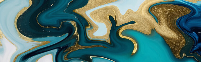Abstract fluid art with swirling patterns of blue and gold colors