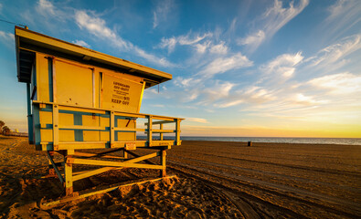 LIfeguard tower in Malibu at sunset