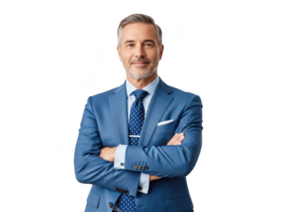Professional businessman with gray hair and beard wearing a blue suit and tie with arms crossed isolated on transparent background