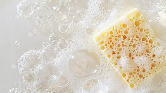 Top view of a yellow sponge floating in white soapy foam. Washing dishes or cleaning surfaces with detergent bubbles. Housework background with copy space