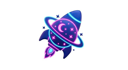 Neon rocket ship launching with orbiting planet ring and stars
