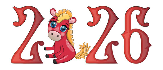 A banner for Chinese New Year 2026, combining an image of a horse and the number 2026, done in a cartoon style, the year of the horse.