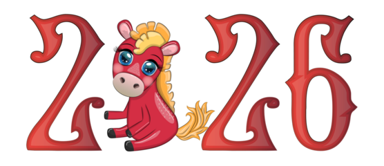 A banner for Chinese New Year 2026, combining an image of a horse and the number 2026, done in a cartoon style, the year of the horse.