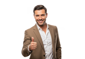 Smiling confident businessman wearing a brown blazer and white shirt giving a thumbs up gesture isolated on transparent background