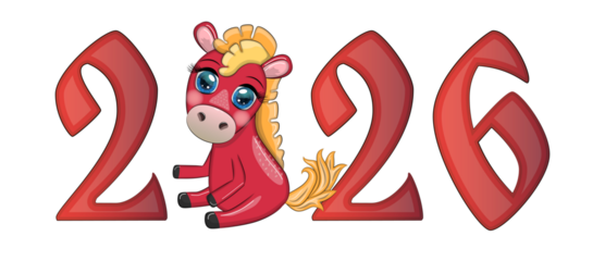 A banner for Chinese New Year 2026, combining an image of a horse and the number 2026, done in a cartoon style, the year of the horse.