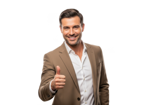 Smiling confident businessman wearing a brown blazer and white shirt giving a thumbs up gesture isolated on transparent background - Powered by Adobe