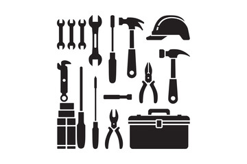 Obraz premium Collection of black silhouettes of various tools and equipment