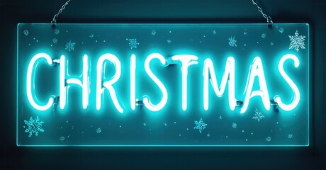 Bright neon sign displays Christmas. Turquoise glow illuminates snowflakes against dark background. Festive, simple design.