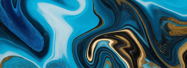 Abstract fluid art with swirling patterns of blue and gold colors