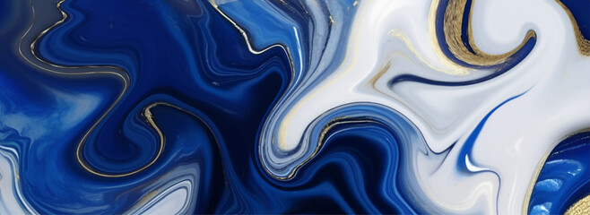 Abstract fluid art with swirling blue white and gold colors