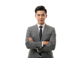 Young asian businessman in a sharp gray suit and tie with arms crossed confidently isolated on transparent background