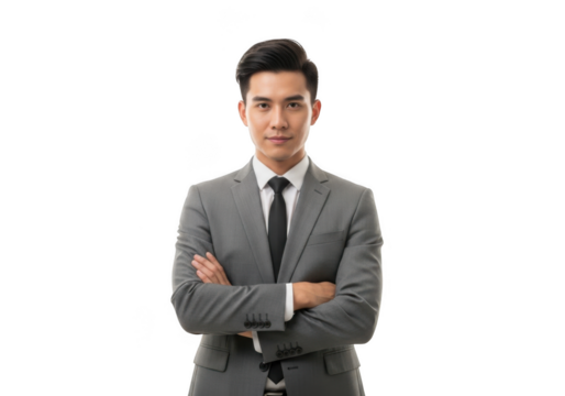 Young asian businessman in a sharp gray suit and tie with arms crossed confidently isolated on transparent background - Powered by Adobe