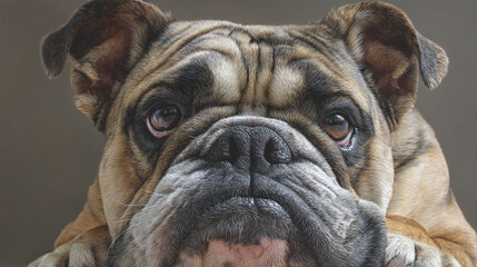 Obraz premium A close-up portrait of a bulldog, showcasing its wrinkled face and expressive eyes