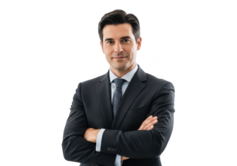 Professional businessman in a dark suit and tie with arms crossed confidently standing isolated on transparent background