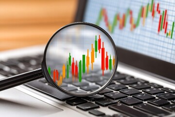 Magnifying candlestick chart data on laptop for financial analysis