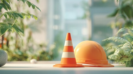 Safety cone and helmet in natural setting