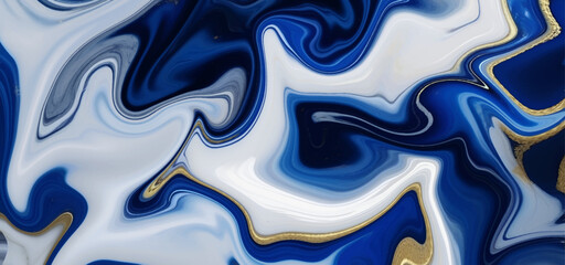 Abstract fluid art with swirling blue white and gold colors
