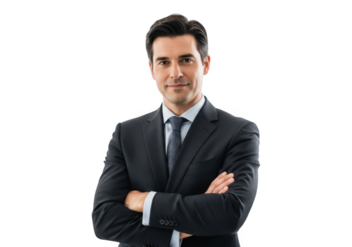 Professional businessman in a dark suit and tie with arms crossed confidently standing isolated on transparent background - Powered by Adobe