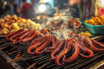 Grilled octopus tentacles on a street food grill at night.