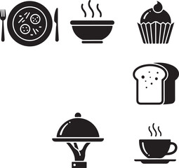 Collection of Food Icons: Pizza, Soup, Cupcake, Bread, and Coffee