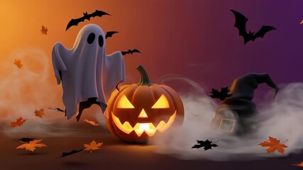 Spooky halloween scene with floating ghosts, pumpkins, and bats in misty atmosphere