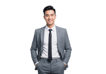 A confident young asian businessman with a stylish haircut wearing a gray suit and tie smiling broadly isolated on transparent background