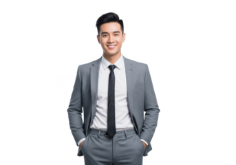 A confident young asian businessman with a stylish haircut wearing a gray suit and tie smiling broadly isolated on transparent background