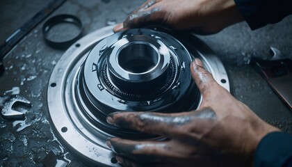 Fototapeta premium Mechanic's dirty hands assembling a complex, greasy metal component of an engine or transmission in a workshop setting.