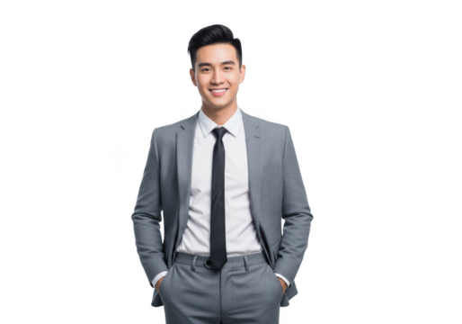 A confident young asian businessman with a stylish haircut wearing a gray suit and tie smiling broadly isolated on transparent background - Powered by Adobe