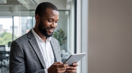 Happy young Black businessman smiling while using a digital tablet for work in a modern bright corporate office setting.
