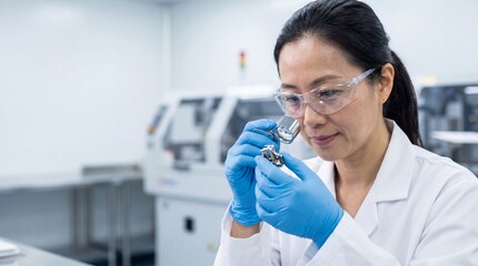 Professional Asian female engineer doing quality control, inspecting a precision metal component with a magnifier in a factory.