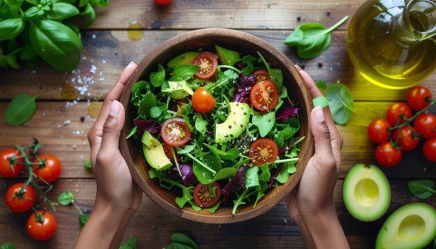 Top view of woman hands preparing fresh healthy vegetable salad on rustic wooden table, organic diet and vegan nutrition concept - Powered by Adobe