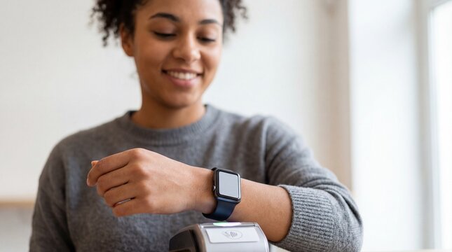 Smiling mixed race woman making contactless payment using smartwatch on nfc terminal at bright cafe counter during day