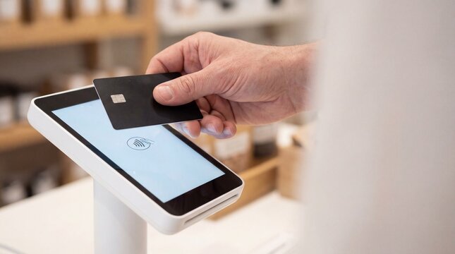 Close up of customer hand holding black credit card making contactless payment on modern white terminal in retail store with blurred background shelves