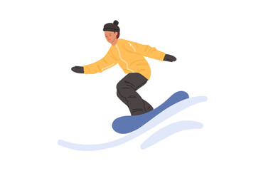Snowboarder in winter gear performs jumping off slope with blue snowboard in snowy area during daytime in winter landscape