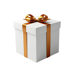 White gift box with golden ribbon and bow on a black background
