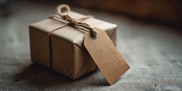 Rustic brown paper gift box with natural twine and blank tag, featuring soft lighting and a cozy aesthetic.