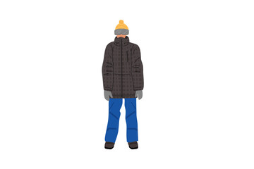 Person Wearing Winter Clothing with Jacket and Hat Standing in Snowy Area During Cold Season. Winter sports, walking equipment.