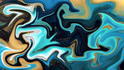 Abstract fluid art with swirling patterns of blue and gold colors