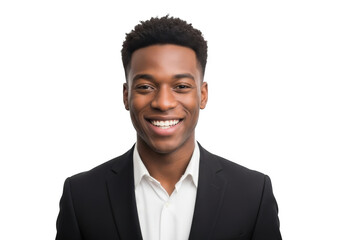 A smiling young african american man wearing a formal black suit and white shirt isolated on transparent background