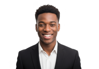 A smiling young african american man wearing a formal black suit and white shirt isolated on transparent background