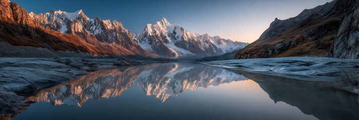 Majestic snow-capped mountains reflected in tranquil glacial water, a serene alpine landscape.