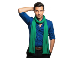 Stylish young man with dark hair wearing a blue shirt and a vibrant green scarf posing confidently isolated on transparent background