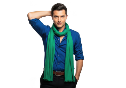 Stylish young man with dark hair wearing a blue shirt and a vibrant green scarf posing confidently isolated on transparent background - Powered by Adobe