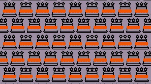 Seamless Pattern of Orange and Black Striped Cakes with Candles on a Light Purple Background.