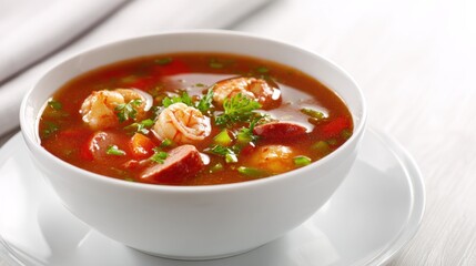Shrimp soup in white bowl with plate