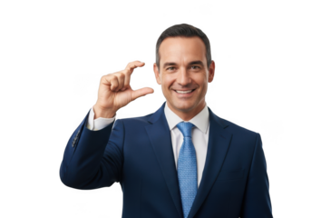 Smiling businessman in a dark suit and blue tie gestures with his fingers to indicate a small amount isolated on transparent background