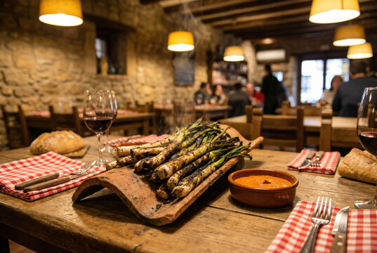 Cal&ccedil;ots reci&eacute;n hechos servidos en teja tradicional con salsa romesco, pan r&uacute;stico y vino tinto, en el interior acogedor de un restaurante de piedra con ambiente c&aacute;lido y mesas de madera.