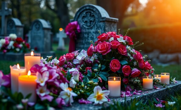 All saints day in slovakia europe with flowers and candles adorning a tombstone in the churchyard funeral flowers grief death loss ceremony floral sadness cemetery mourning dead 