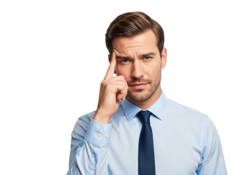 Thoughtful businessman with finger on temple contemplating a serious business decision isolated on transparent background - Powered by Adobe